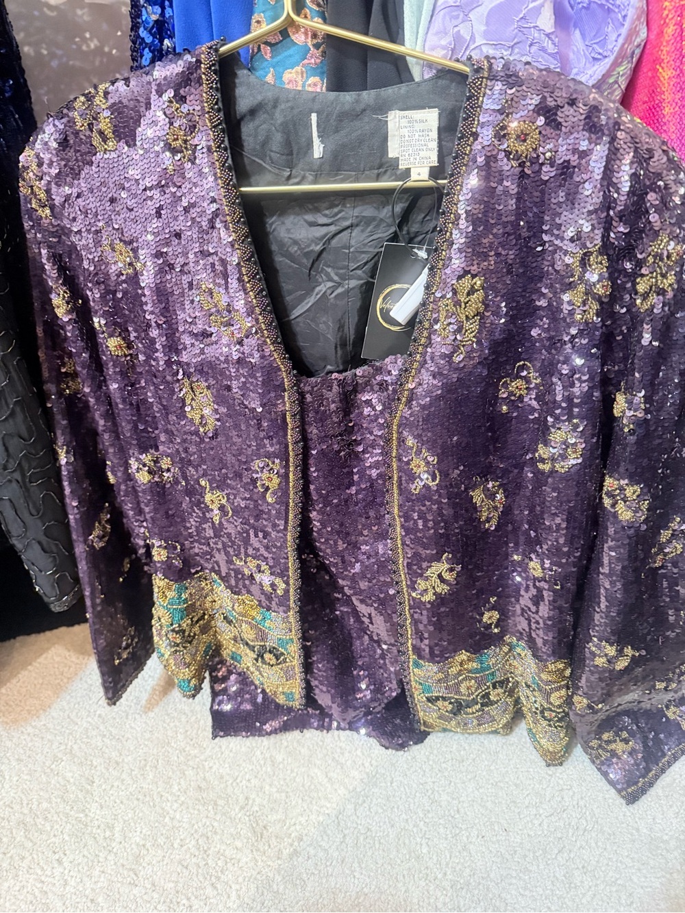 Vintage Purple Sequin Embellished Jacket and skirt with Gold & Teal Accents